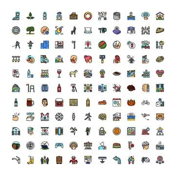 Outline style flat design icon set illustrating diverse concepts Stock Illustration