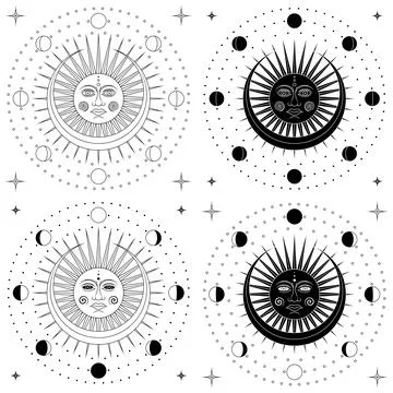 Outline sun with moon phases eclipse Stock Illustration