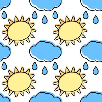Outline Sun with rays and Cloud with drops filled not along contour Seamless Illustrazione stock