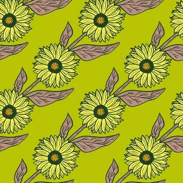 Outline sunflower silhouettes seamless pattern in hand drawn style. Green bri Illustrazione stock
