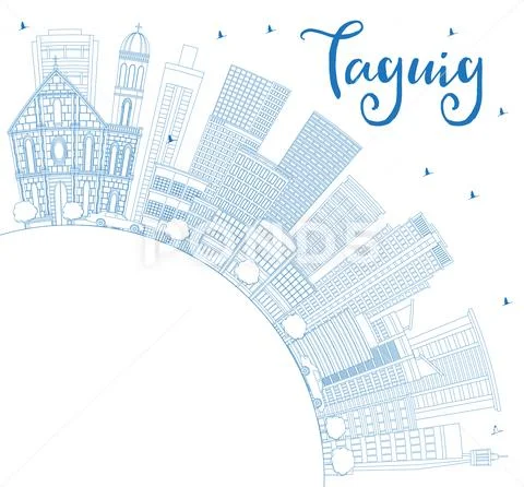 Outline Taguig Philippines City Skyline with Blue Buildings and Copy Space. Stock Illustration