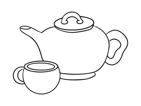 Outline teapot, cup. Linear image. Tea party coloring page. Ceramic kettle, mug Stock Illustration
