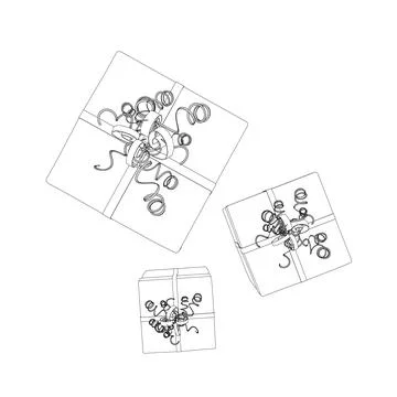 Outline of three gift boxes with ribbons made from black lines isolated on a Stock-Illustration