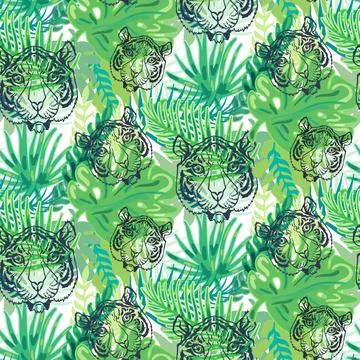Outline tiger head seamless pattern wallpaper vector Stock Illustration