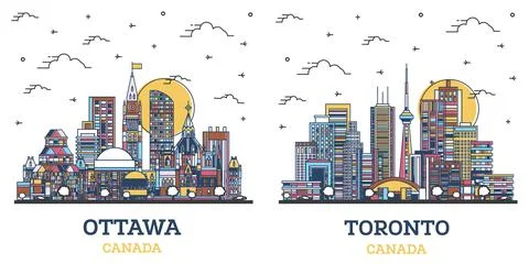 Outline Toronto and Ottawa Canada City Skyline Set. Stock Illustration