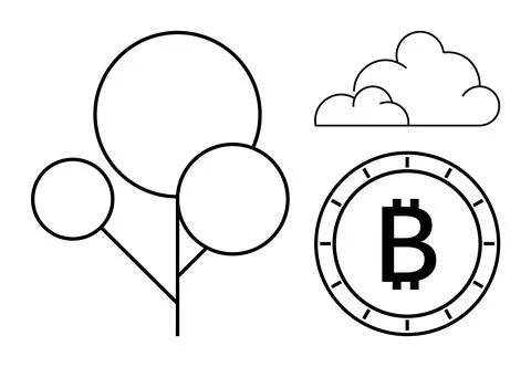 Outline tree with circular branches, fluffy cloud, and Bitcoin symbol in a co イラスト素材