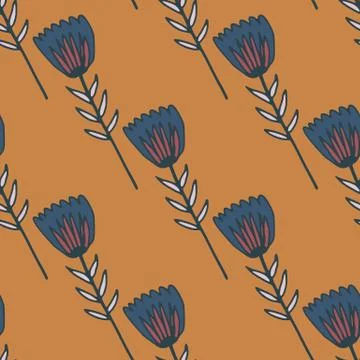 Outline tulip flower seamless pattern. Floral ornament with navy blue contour Stock Illustration