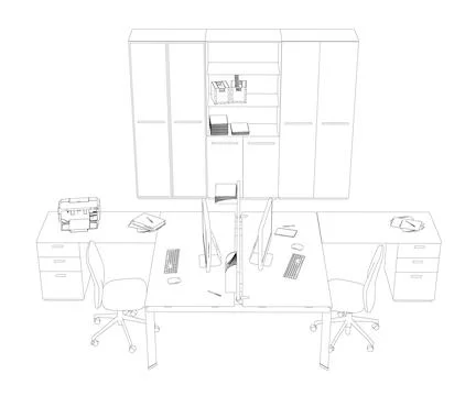 Outline of two office workplaces with computers and accessories from black .. 스톡 일러스트