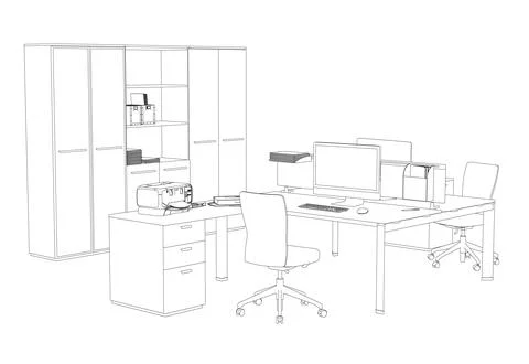 Outline of two office workplaces with computers and accessories from black .. 스톡 일러스트