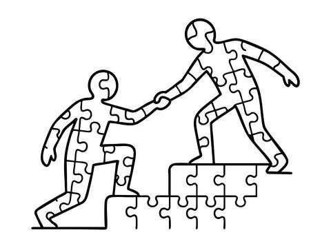 Outline of two puzzle piece figures on white background, one helping the other 스톡 일러스트
