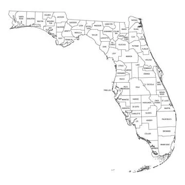 Outline of U.S. state Florida divided into counties Stock Illustration