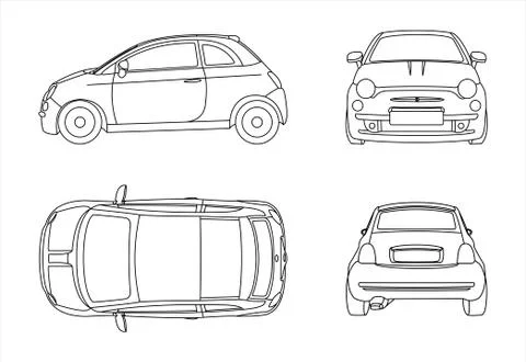 Outline vector car isolated on white background, side view; front view; back  Stock Illustration