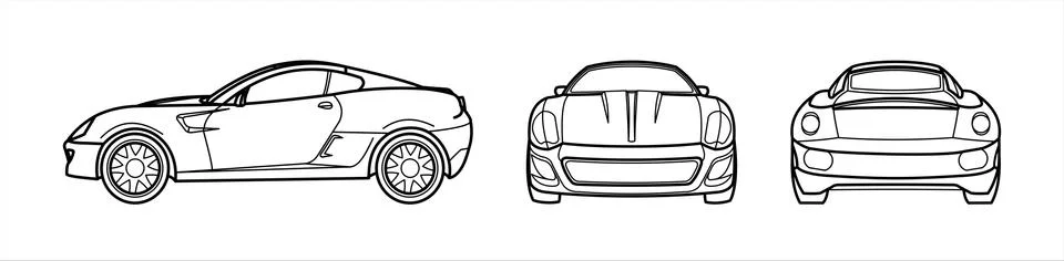 Outline Vector Car On A White Background, Line Art, All Views, Three Views, S Stock Illustration