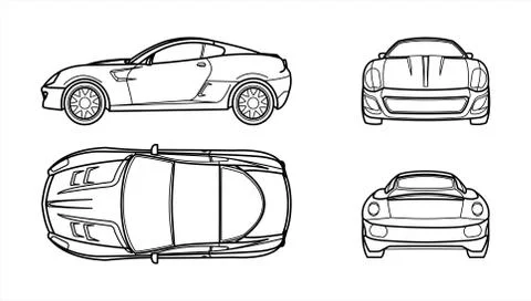 Outline Vector Car On A White Background, Line Art, All Views, Four Views, Si Stock Illustration