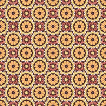 Outline. Vector doodle seamless pattern with ethnic mandala ornament on a yellow Stock Illustration