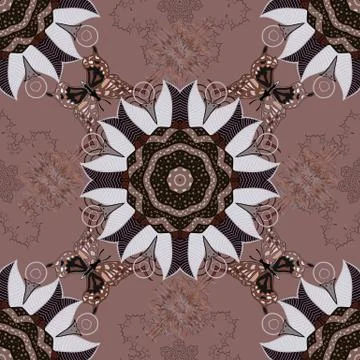 Outline. Vector doodle seamless pattern with ethnic mandala ornament on a gray, イラスト素材