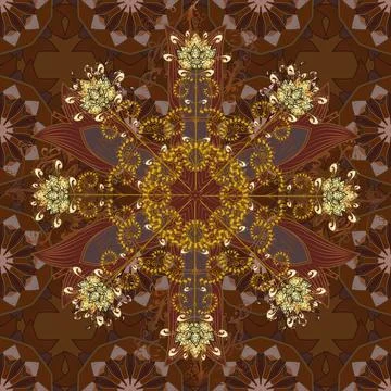 Outline. Vector doodle seamless pattern with ethnic mandala ornament on a gray, Stock Illustration