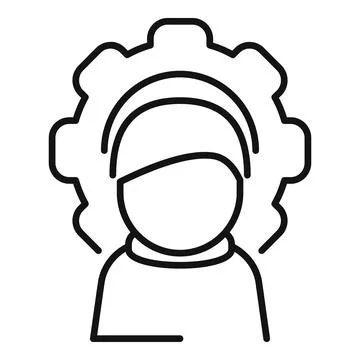 Outline vector icon of a female engineer with gear background, representing stem Stock Illustration