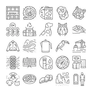 Outline vector icons collection representing diverse subjects Stock Illustration