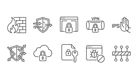 Outline vector icons pack for network security and firewall monitoring. Stockillustratie