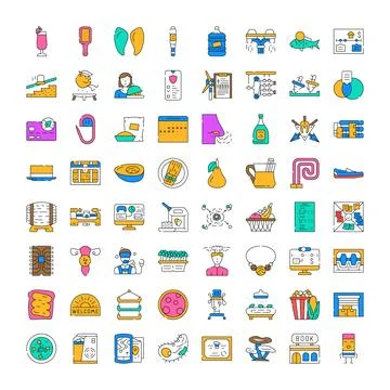 Outline vector icons set diverse subjects collection Stock Illustration