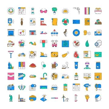Outline vector icons set representing diverse concepts and subjects Illustrazione stock