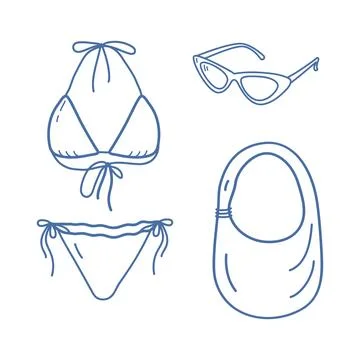 Outline vector set with bikini, sunglasses and beach bag Clean Mediterranean Stock Illustration