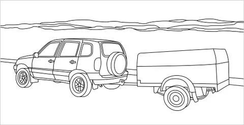 Outline Vector SUV With a Trailer on the Background of Mountains or Hills Stock Illustration