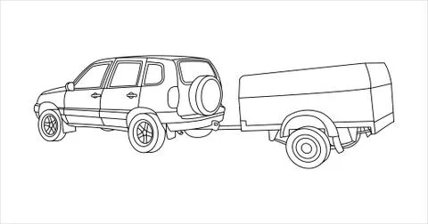 Outline Vector SUV With Trailer. Stock Illustration