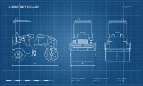 Outline vibratory roller. Side, back, front view. Building machinery blueprint Stock Illustration