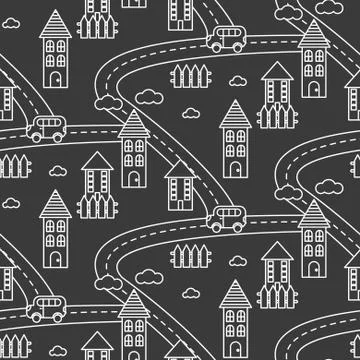Outline village seamless pattern Stock Illustration