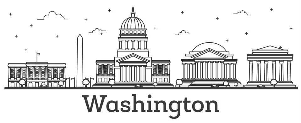 Outline Washington DC USA City Skyline with Modern Buildings Isolated on Whit Stock Illustration