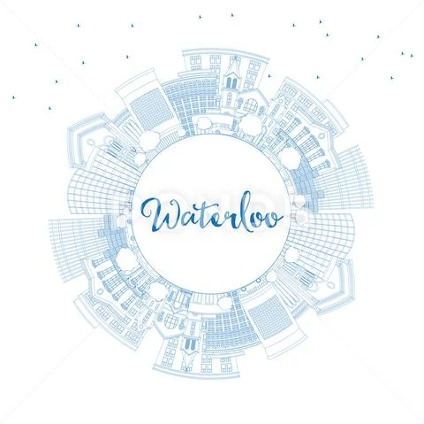 Outline Waterloo Iowa Skyline with Blue Buildings and Copy Space. Stock Illustration