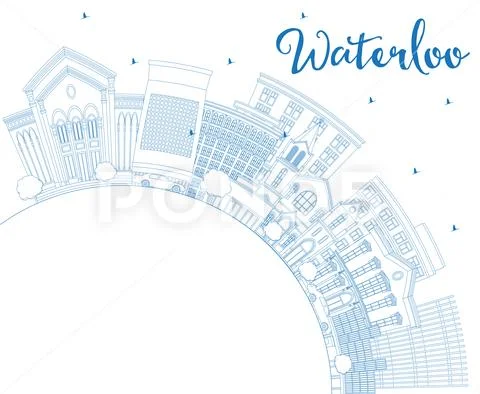 Outline Waterloo Iowa Skyline with Blue Buildings and Copy Space. Stock Illustration