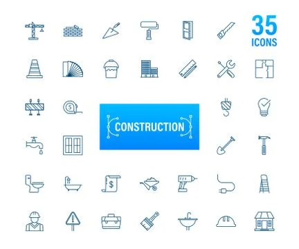 Outline web icons set. Construction and home repair tools, building. Work safety 스톡 일러스트