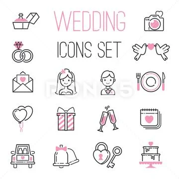 Outline wedding day black and pink marriage icons set of icons for engagement Stock Illustrationen