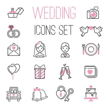 Outline wedding day black and pink marriage icons set of icons for engagement Stock Illustration