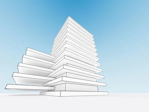 Outline wire frame model of modern building exterior, 3d Ilustración de archivo