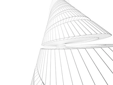 Outline wire frame spiral tower model, wide angle perspective view Stock Illustration