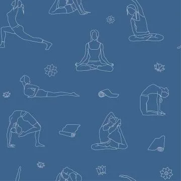 Outline yoga poses pattern. Background postures line illustration blue Stock Illustration