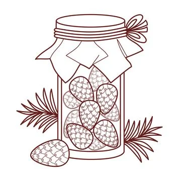 Outline Young Pine Cones In Syrup. Glass Jar With Coniferous Elixir And Cra.. Stock Illustration