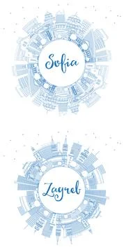 Outline Zagreb Croatia and Sofia Bulgaria City Skyline set with Blue Buildi.. Stock Illustration