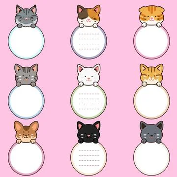 Outlined adorable and simple cat heads with front paws holding a circle note Illustration