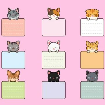 Outlined adorable and simple cat heads with front paws holding a note Illustration