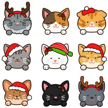 Outlined adorable and simple cat heads with front paws set Christmas version Stock Illustration