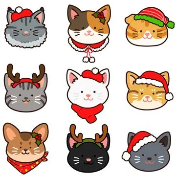 Outlined adorable and simple cat heads set Christmas version Stock Illustration