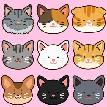 Outlined adorable and simple cat heads set Stock Illustration