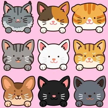 Outlined adorable and simple cat heads with front paws set Stock Illustration