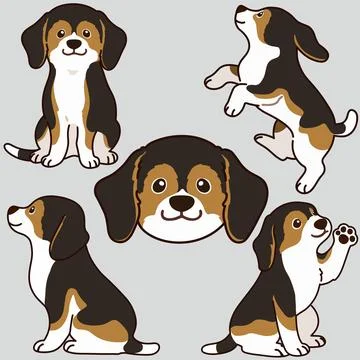 Outlined adorable dark tri colored Beagle illustrations Stock Illustration