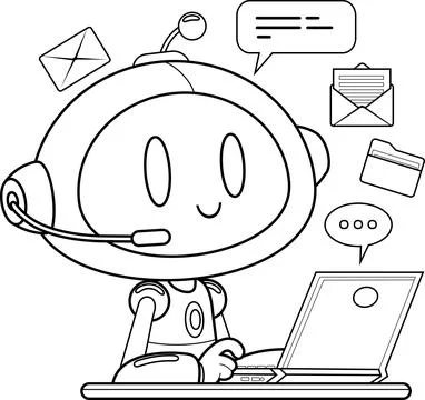 Outlined AI Robot Chat Bot Cartoon Character Call And Chat From Laptop Illustrazione stock